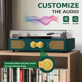Vinyl Record Player with Built-in Speakers, Vintage 3-Speed Turntable, Bass/Treble Control, Headphone Jack, RCA/AUX Outputs, Belt-Driven LP Player, Green