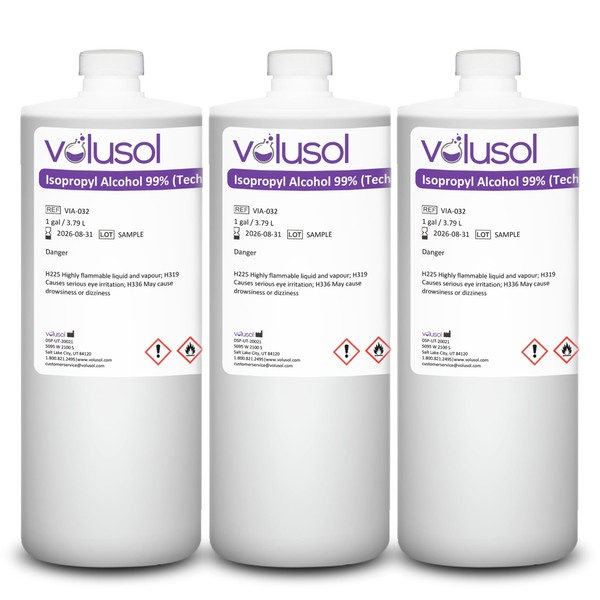 Volu-Sol - Isopropyl Alcohol (Isopropanol) 99%, High Purity Rubbing Alcohol, Concentrated Lab/Technical Grade Clear Fluid for Chemistry, Cleaning, Equipment - 32 oz. or 1L Bottle (Pack of 3)