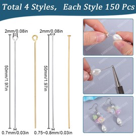 SUNNYCLUE 1 Box 600Pcs 50mm Flat Earring Pins Silver Eye Pin Bulk Brass Long Findings Head Pins Small Craft Flat Open Eyepins for jewellery Making Charm Earring Bracelet Accessories Supplies DIY Craft