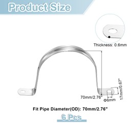 sourcing map 6Pcs Rigid Pipe Straps, 70mm(2.76") 201 Stainless Steel 2 Hole U-Shaped Bracket Tube Hanger Pipe Clamps for Fixing Pipe Cable