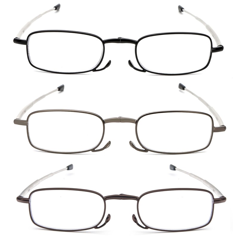 prtcslwd 3 Pack Folding Reading Glasses Stainless Steel Mini Anti-Blue