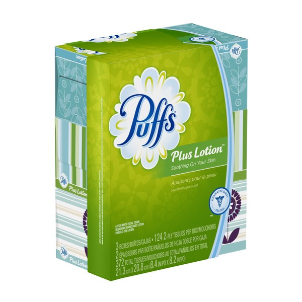 Puffs Plus Lotion Facial Tissues; 372 Count; Pack Of 3 Family Boxes (124 Tissues Per Box) (Pack of 8)