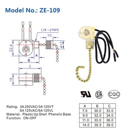 Pull Chain Switch Zing Ear ZE-109 2-Wire Single Circuit Pull Chain Ceiling Fan Light Switch Ceiling Fan Light Lamp Replacement with Pulling String Kit,Brass