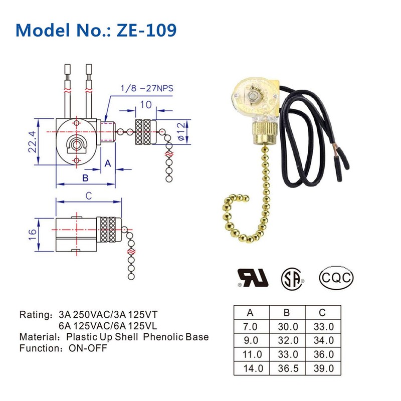 Pull Chain Switch Zing Ear ZE-109 2-Wire Single Circuit Pull