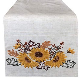 Lintex Autumn Sunflower Harvest Embroidered Thanksgiving and Fall Harvest Fabric Table Runner - Sunflower Patch Embroidered Kitchen and Dining Room Table Runner, 72” Long Table Runner