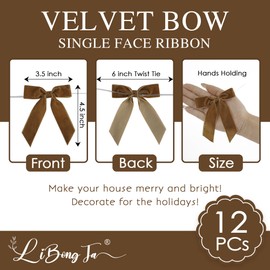 LiBongTa 3.5" Brown Ribbon Pretied Bows Christmas Premade Bows, Velvet Ribbon Bows with Twist Ties for Wreaths, Christmas Tree, Treat Bags, Gift Wrapping, Party Favor, Crafts-12 Counts