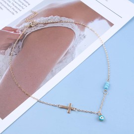 Wendalern Boho Turquoise Choker Necklaces, Turquoise Cross Pendant Necklace, Religious Cross Necklace, Evil Eye Cross Necklace, Jewellery for Women and Girls