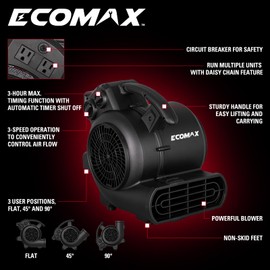 ECOMAX Air Mover, Carpet Dryer, Blower Fan, 950 CFM, 3-Speed Mode, 3 Blowing Angles, Daisy Chain, Stackable, Timing Function, for Water Damage Restoration, Flooding, Plumbing, Gym and Home, EMAM1090A