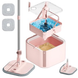 KZKR 【 KZKR pink series】V2.0 Spin Mop and Bucket with Detachable inner bucket for Home, Kitchen, Bathroom, Bedroom, and Office Cleaning - Color: Pink (Mop+Bucket+2 Pads)