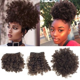 Allyreetress Afro Puff Drawstring Ponytail Extensions with 2 Bangs Pineapple Hair for Black Women Synthetic Short Kinky Curly Ponytail Bun with Big Bangs Hairpiece Pony Tail(4# Brown)