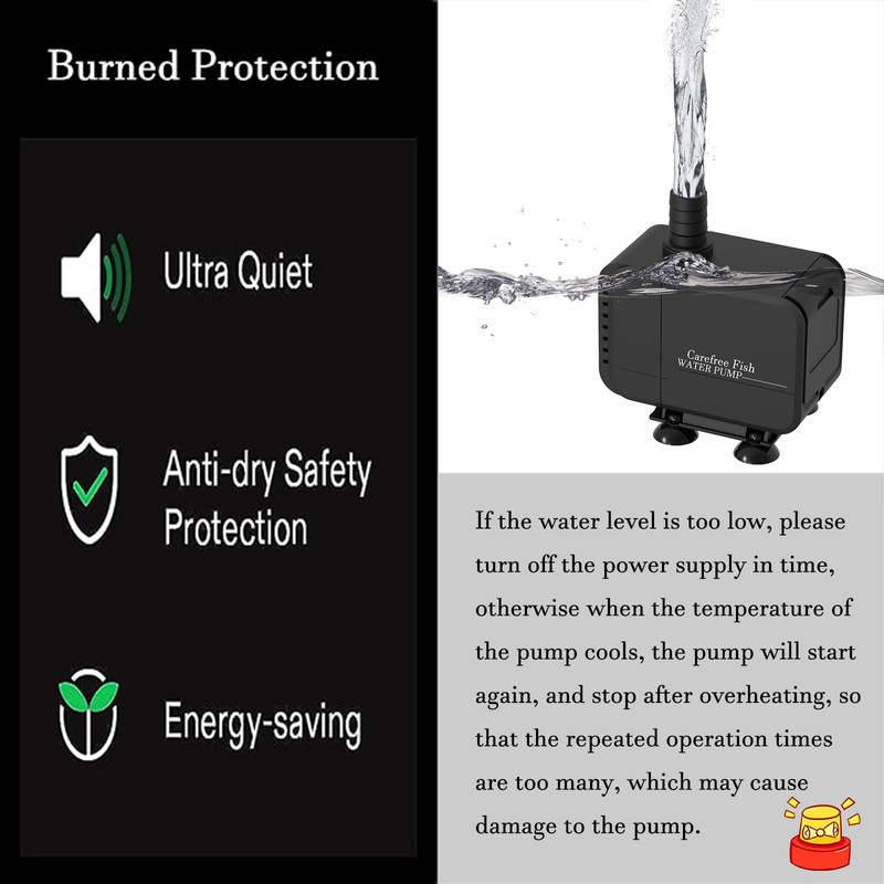 Carefree Fish 213/400/800GPH 9/22/45W Fountain Submersible Pump Adjustable Quiet Aquarium