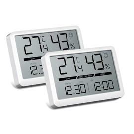 CHEREEKI Room Thermometer Hygrometer, Digital Thermometer Indoor with Clock, Temperature and Humidity Monitor for Home, Baby Room, Greenhouse and Office-2 Packs