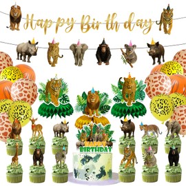 46Pcs Safari Animals Birthday Decorations Wild Jungle Theme Decor Banner Honeycombs Balloons Cupcake Toppers for Safari Theme Birthday Party Decorations