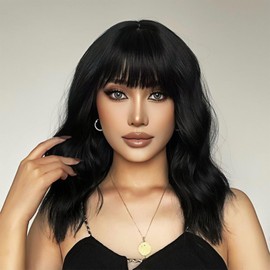 PHOENIXFLY Natural Black Wavy Wigs With Bangs Short Bob Wavy Wigs for Women Curly Synthetic Wig Wavy Cosplay Wig for Girls Daily Use Colorful Wigs(14 Inch) (Natural Black)