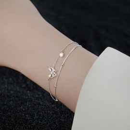 Cute Butterfly Bracelet for Women Girls Hypoallergenic Silver Plated Colorful Dainty Cubic Zirconia Crystal Birthstone Butterflies Bezel Drop Bracelets Delicate Layered Beaded Link Chain Jewellery