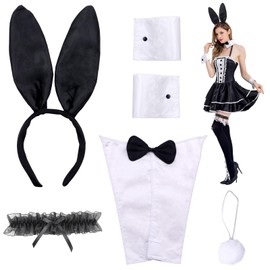 Scettar Bunny Costume Set, Rabbit Ear Headband Bow Tie Cuffs Tail Garter Accessories, Bunny Accessory Easter Bunny Fancy Dress Instant Kit (BLACK A)