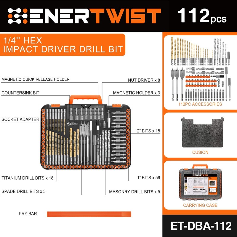 ENERTWIST Drill Bit Set, 112-Pieces 1/4" Hex Shank Impact Driver