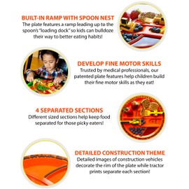 Constructive Eating Made in USA Construction and Dinosaur Combo with 2 Utensil Sets and 2 Plates for Toddlers, Infants, Babies and Kids - Made with Materials Tested for Safety