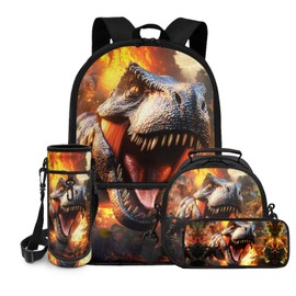 Showudesigns Dinosaur Backpack for Boys 4-6 7-10 10-12 Kids School Bag and Lunch Bag Set 4 In 1 Flame Bookbag with Lunch Box Pencil Case Water Bottle Carrier Elementary Preschool Back Packs Bagpack