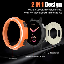 BEARDDO 2 in 1 Metal Case for Garmin Vivoactive 5 with TPU Back Cover, Rugged Shockproof All-Round Protective Cover with Cleaning Cloth Accessories for Garmin Vivoactive 5 Bezel Case (Orange)