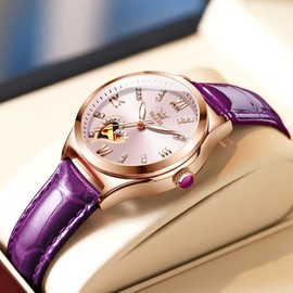 OLEVS Watches for Women Automatic Leather Strap Self-Winding Ladies Wrist Watch Diamond Heart dial Waterproof Luminous reloj para Mujer Mechanical Purple