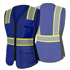 Besentinels Safety Vest for Women 9 Pockets Reflective Vest with Zipper, High Visibility Construction Work Vest for Lady Workers, Drivers, Meets ANSI, WBX-Blue Medium