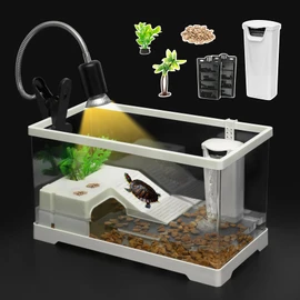 Clioran PC Turtle Tank Kit,Large Starter Aquarium,Red Eared Slider Aquatic,for Baby Tortoise,Fishes and Amphibians,Include Filter*1,Filter Plates*2,Plants*2,Lamp*1,Bulb*1,Stone*1,Basking Platform*1