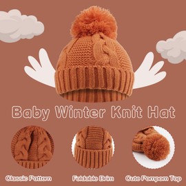 Zsedrut Baby Girls Winter Hat Infant Twist Beanie Cold Weather Warm Pompom Hat (White+Black+Caramel, 6-12 Months)