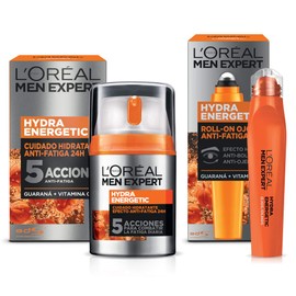 LOral Paris Men Expert Kit Hydra Energetic Crema para Hombre y Roll-on Anti Ojeras con Extracto de Vitamina C y Guarana