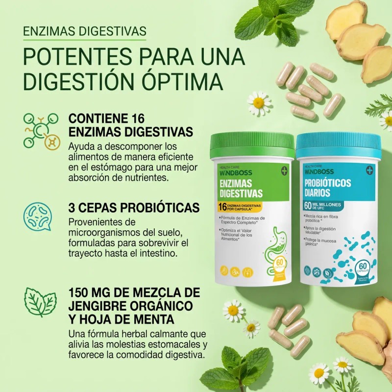 Windboss Billones Probióticos Enzimas 120 Cápsulas