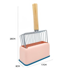 Fhintory Cat Litter Scoop with Container, Metal Cat Litter Scoop with Holder, Cat Litter Scoop with Wooden Handle, Hole Spacing 7 mm, Length 28 cm, Litter Box Scoop, Cat Litter Scoop