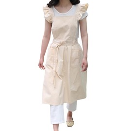 OBEEII Cotton Linen Apron for Women Girls Vintage Baking Cooking Gardening Work Apron Pinafore Dress with Pockets, Beige, One Size