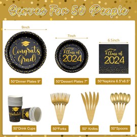 350pcs Class of 2024 Graduation Plates and Napkins Set, Disposable Paper Plate Set Polka Dots Plates Napkins Cups Knife Fork Spoon for Graduation Party Decorations and Supplies,Serve 50 (Black Gold)