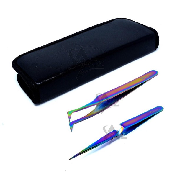 SET OF 2 Stainless Steel Multi Titanium Rainbow Color 3D Eyelash Extension Tweezers A type angled + X type Self Retracting Fine Point (A2Z)