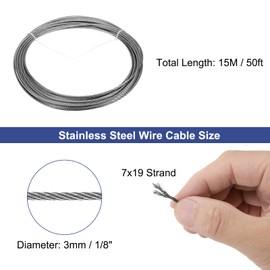 uxcell 1/8"(3mm) 304 Stainless Steel Cable Wire Rope 7x19 Strands Core 50ft (15M) Aircraft Wire for Construction Outdoors Marine Rigging Decking Railings