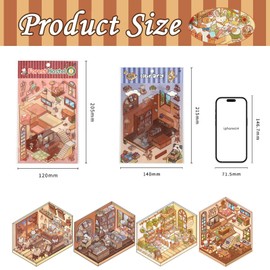 Xinlon Set of 4 DIY 3D House Stickers with Tweezer, Stickers Children, Miniature House Cute Stickers DIY Scene Stickers, 3D Sticker Scene, 3D Cartoon Miniature Scene Stickers for Children, Gift for
