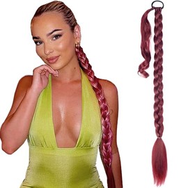 Braided Ponytail hair extensions 30Inch Long Braided Ponytail Extension with Hair Tie Straight Wrap Around Hair Extensions Ponytail Synthetic Hairpieces for Women (Reddish Purple)-BUG