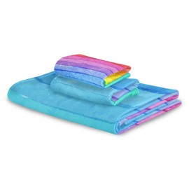 Blueangle - Juego de 3 toallas de baño con diseño de rayas arcoíris, 1 toalla de baño de 30 x 60 pulgadas, 1 toalla de mano de 16 x 28 pulgadas y 1 paño de limpieza de 13 x 13 pulgadas