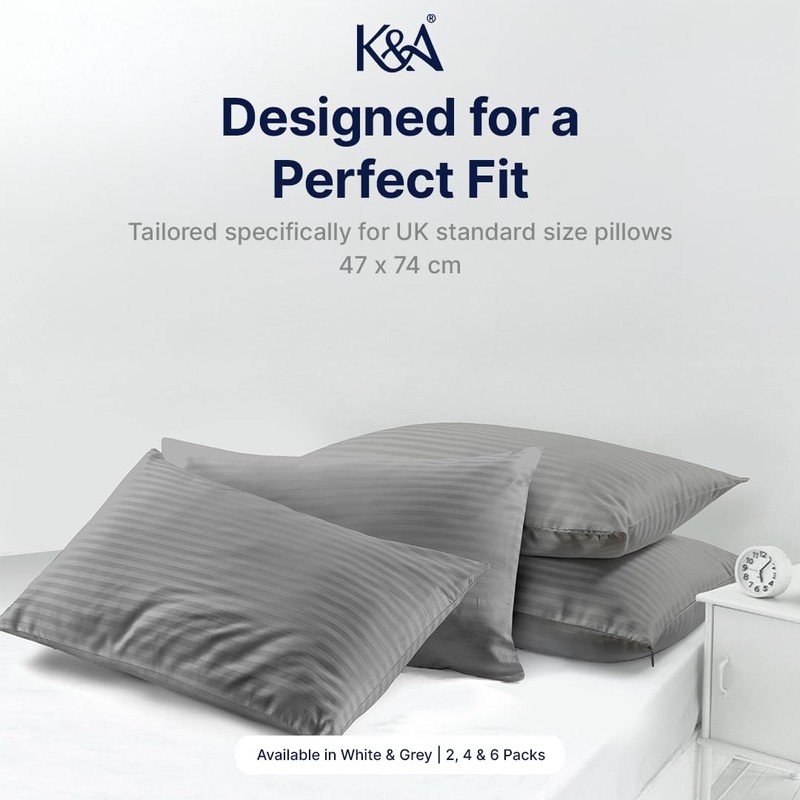 K&A® Satin Stripe Pillow Protectors Pack of 2 Zippered Grey