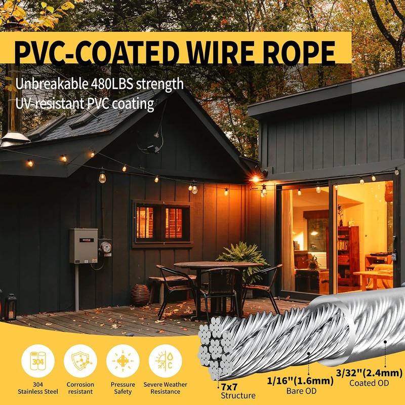 RiaYer 165FT Outdoor String Light Hanging Kit, 1/16" Vinyl-Coated 304