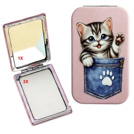 Compact Mirror, 1X/2X Magnification Travel Pocket Makeup Double Sided, Portable, Folding, Handheld Mini Mirror with Cute Cat for Girls Students Women (Cat D5)
