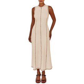 Wenrine Womens Sleeveless T Shirt Dress Summer Contrast Stitch Ribbed Knit Tank Maxi Dresses