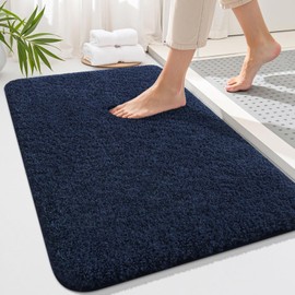OLANLY Soft Microfiber Small Bath Mat, Super Absorbent Plush Shaggy Bathroom mat, Machine Washable Dry Bathroom Rug, Non-Slip Bath Mats for Bathroom Floor, Tub and Shower, 16x24, Navy