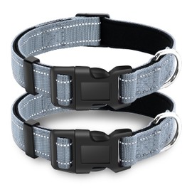 LIEVUIKEN 2 Pack Reflective Dog Collar with Safety Locking Buckle, Adjustable Soft Breathable Comfortable Nylon Pet Collar for Small, Medium and Large Dogs, Gray, L