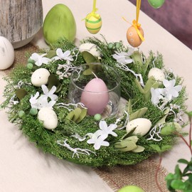 com-four® Easter wreath with flowers made of wood and eggs - Decorative table wreath - Easter egg door wreath with hanger