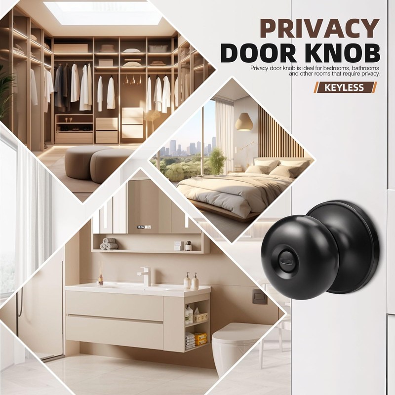 GOBEKOR 8 Pack Privacy Door Knobs Interior Matte Black Keyless
