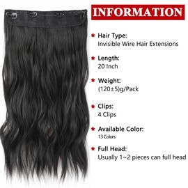 Xtrend 20Inch Invisible Wire Hair Extensions with Transparent Wire Adjustable Size Secure Clips Natural Straight Secret Miracle Hairpiece 1B