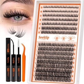 Seeklip Natural Lash Clusters Kit 192Pcs Wispy Lashes Clusters Kit 8-18mm Mix Length Cluster Eyelash Extensions with Bond & Seal Tweezers DIY Natural Eyelashes Soft Thin Band (Natural)