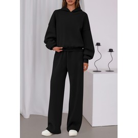PRETTYGARDEN Womens Sweatsuits 2 Piece Set 2025 Casual Winter Long Sleeve Hoodie Loose Wide Leg Sweatpants Fall Tracksuit (Black,Medium)