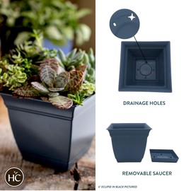The HC Companies 6 Inch Eclipse Square Planter with Saucer - Indoor Outdoor Plant Pot for Flowers, Vegetables, and Herbs, Slate Blue